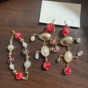 Bracelet and earrings set red beaded gold